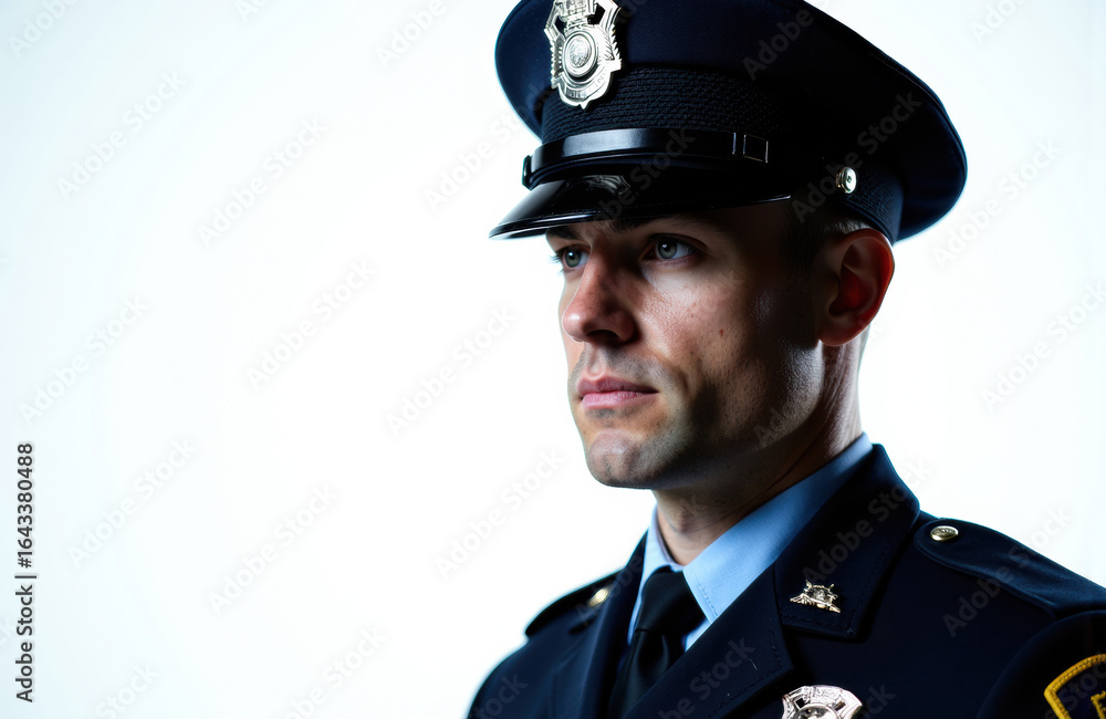 A police officer in uniform looking serious and focused against a plain white background A police officer in uniform looking serious and focused against a plain white background