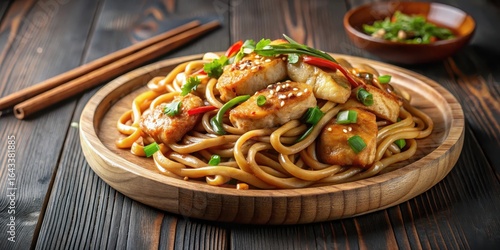 Japanese noodle dish with stir-fried udon noodles and marinated chicken in a sweet teriyaki sauce served on a wooden plate