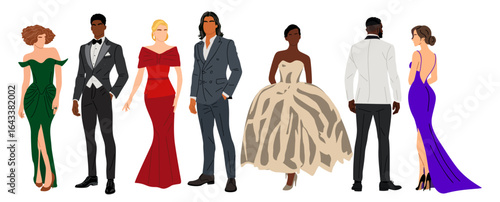 Set of different multiracial people wearing fashionable clothes for evening event, cocktail or party. Men in tuxedo, women in gowns. Realistic vector illustration isolated