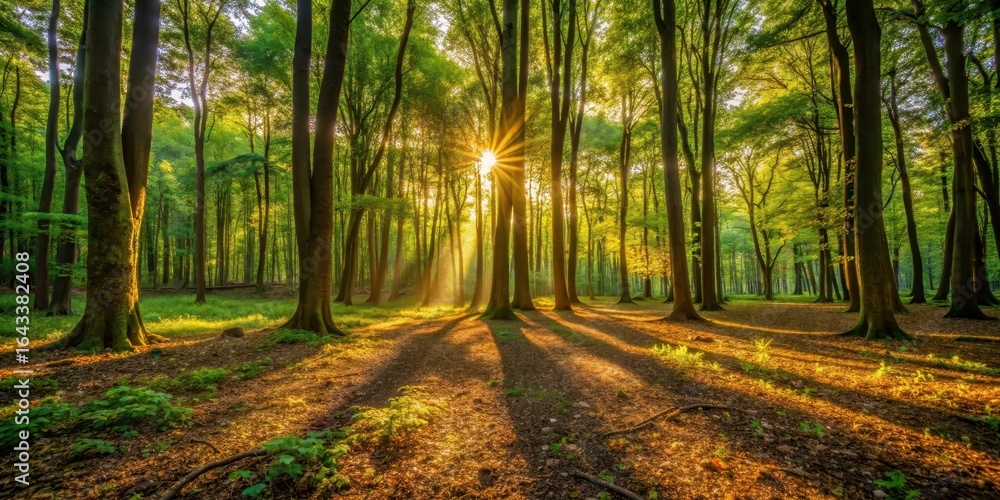 Obraz premium Warm sunlight filtering through leafy forest canopy