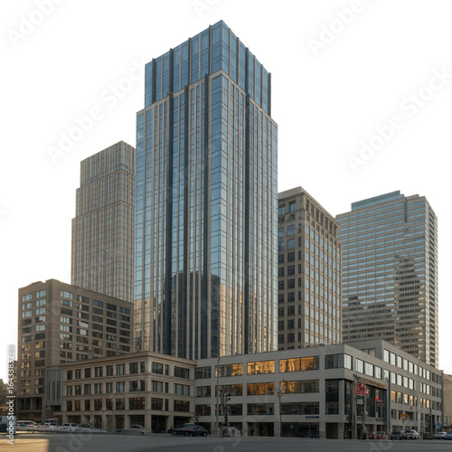  PNG set bundle of tall corporate glass business office buildings, transparent isolated background. Sunset evening window reflections, big city metropolitan area, commerce, high-rise building