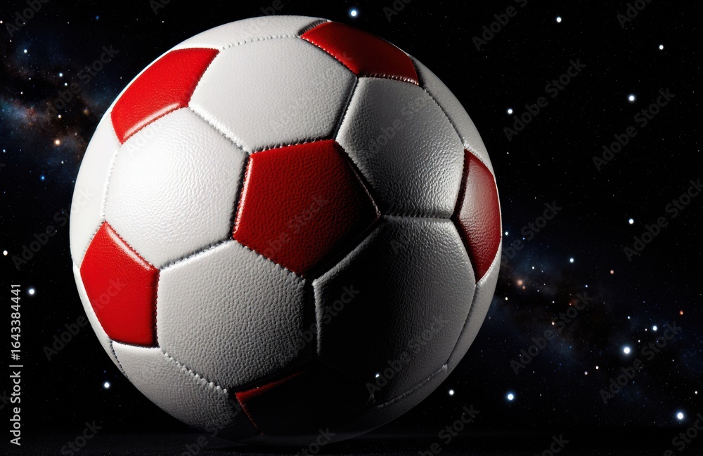 Fototapeta premium A close-up of a soccer ball floating in space with stars and galaxy in the background