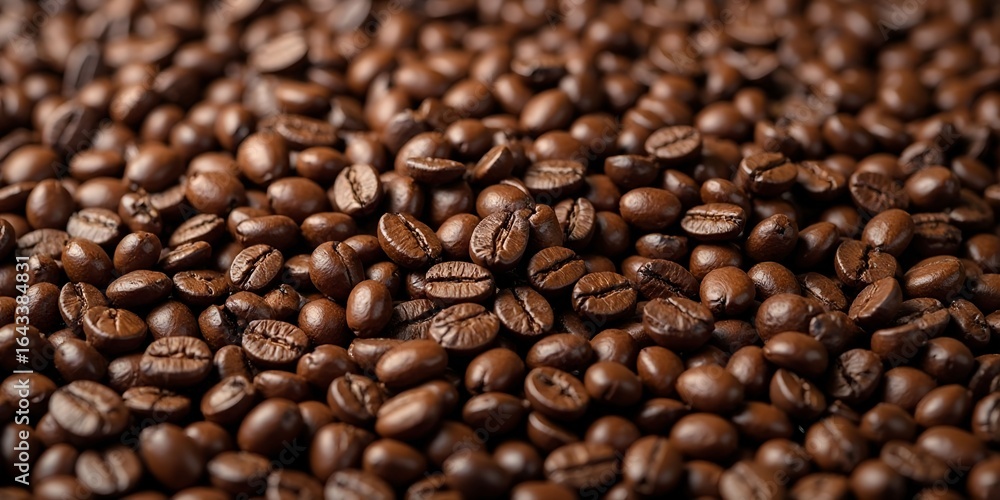 Obraz premium A close up view of a pile of roasted coffee beans filling the entire frame with a warm brown color