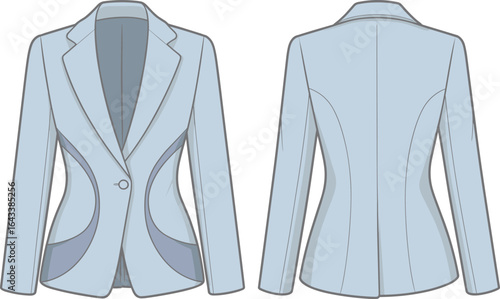 Blazer front back view, tailored jacket illustration, fashion design template, curved seam details, light blue coat vector, stylish outerwear clipart, apparel mockup