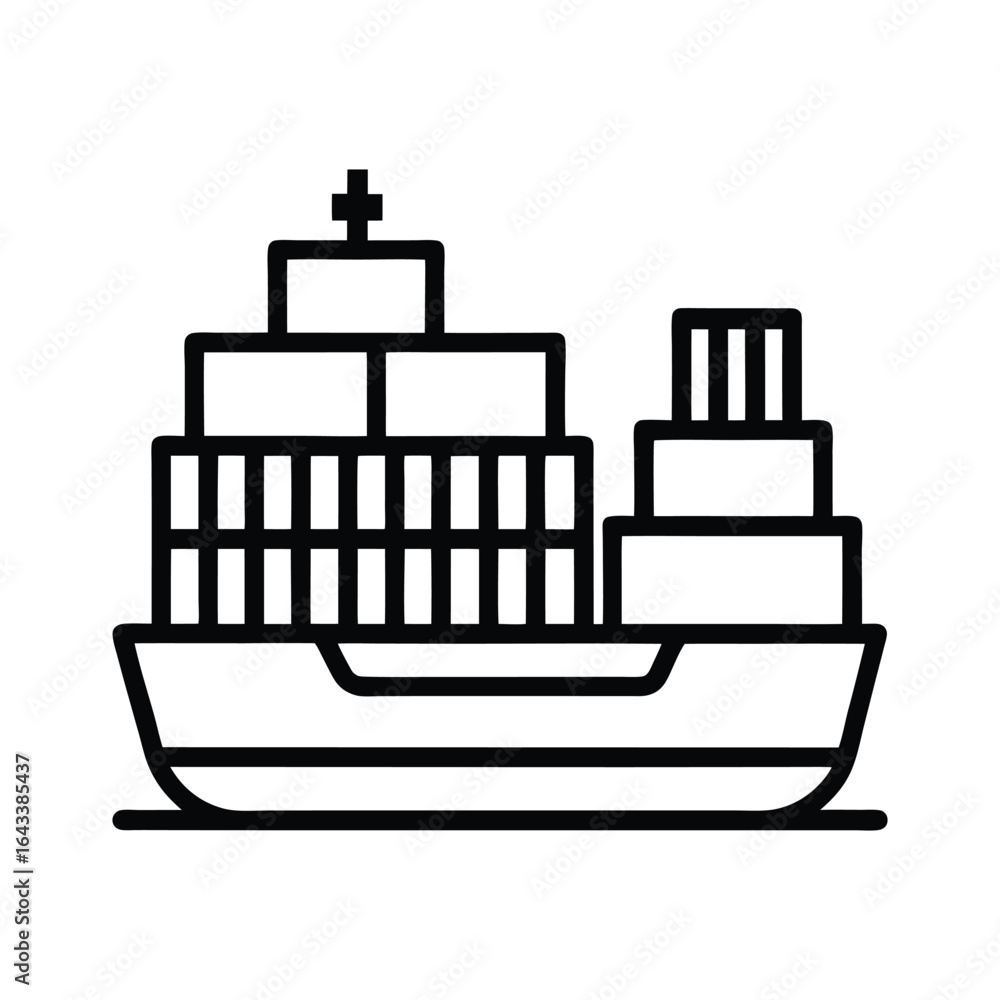 Fototapeta premium Black outline container cargo ship icon on white background