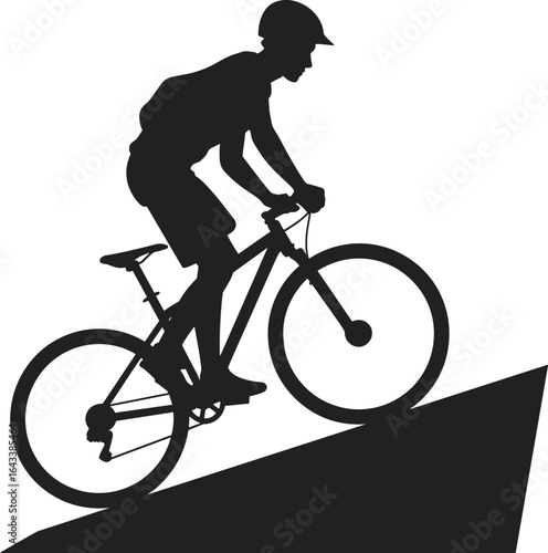 Cyclist silhouette uphill, mountain biking vector, steep incline ride, helmet rider clipart, outdoor sport illustration, black graphic design, active lifestyle element