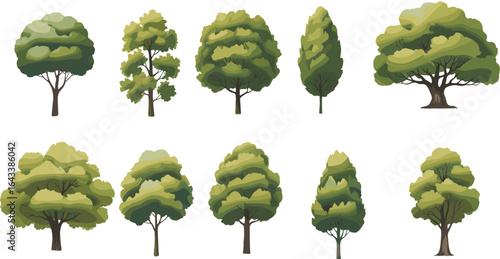 PrintCollection of various green trees illustration, natural forest plant set, botanical garden elements, eco-friendly nature art, landscape foliage design, environment graphics