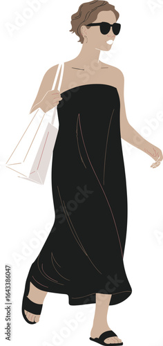 Stylish woman walking confidently in a black strapless maxi dress, wearing sunglasses and sandals, carrying a shopping bag, casual summer fashion and lifestyle concept