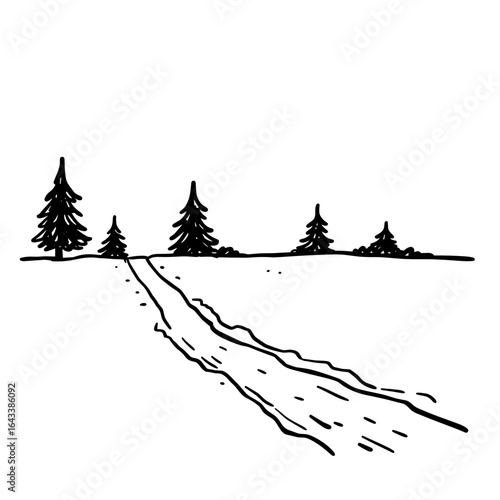 Snow trail in forest with pine trees and winter landscape  