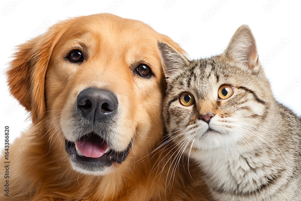 Fototapeta premium happy dog and cat posing together for camera on white background showing unusual pet friendship 