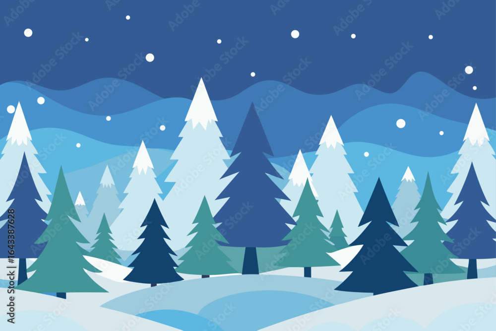 Obraz premium A winter scene with snowy trees and a blue mountain range
