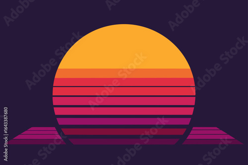 Retro sunset with horizontal lines and purple background art
