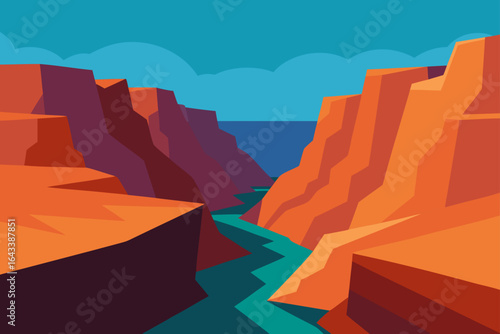 Illustration of a grand canyon with a river and blue sky