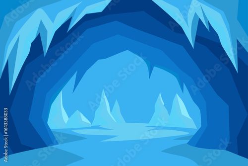 Illustration of a blue ice cave with stalactites and ground