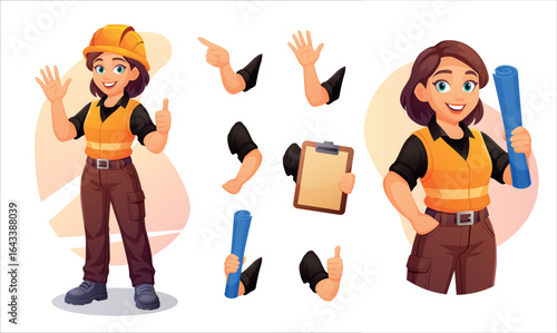 A worker and engineer woman wears helmet and safety clothes at builder work. This editable worker set represents an engineer in different construction scenes or business job animations.