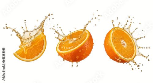 Orange slices with juice splash isolated on white background
