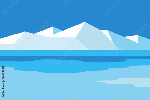 A graphic illustration of icebergs and water under blue sky