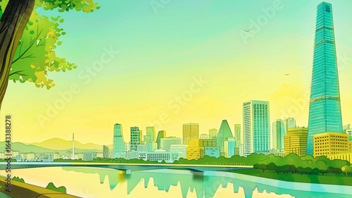 Urban Landscape Illustration: Modern City with River Reflection and Towering Skyscraper