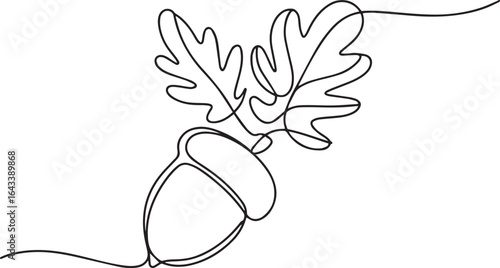 Continuous one line art of a falling acorn with swirling leaves, minimalist single line drawing in black on white

