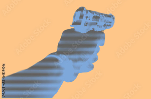 close up of hand holding gun color halftone dotted texture style collage element isolated on orange background