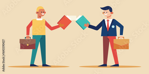 Businesspeople exchanging folders symbolizing knowledge transfer, flat vector corporate teamwork concept illustration