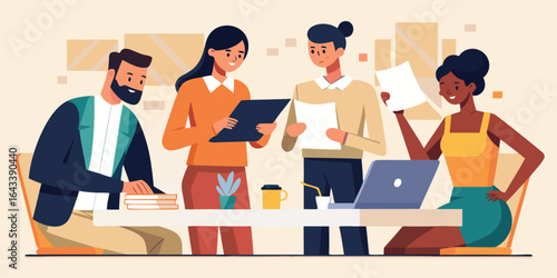 Employees reviewing documents and reports at table, flat vector corporate teamwork and business planning concept illustration