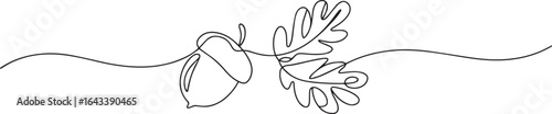 Continuous one line art of a falling acorn with swirling leaves, minimalist single line drawing in black on white

