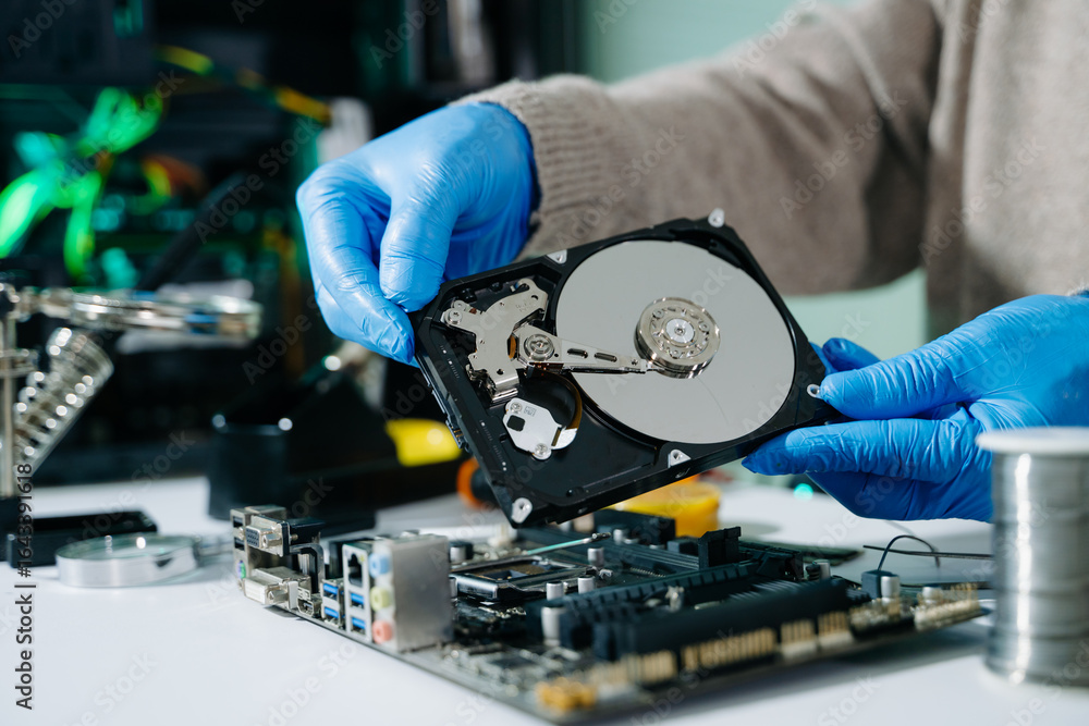 Naklejka premium Technician repairing inside of hard disk drive by screwdriver. the concept of data, hardware, technician and technology. computer hardware, repairing,