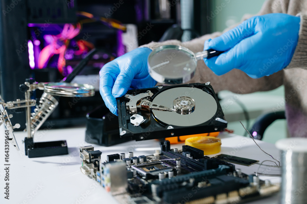 Naklejka premium Technician repairing inside of hard disk drive by screwdriver. the concept of data, hardware, technician and technology. computer hardware, repairing,