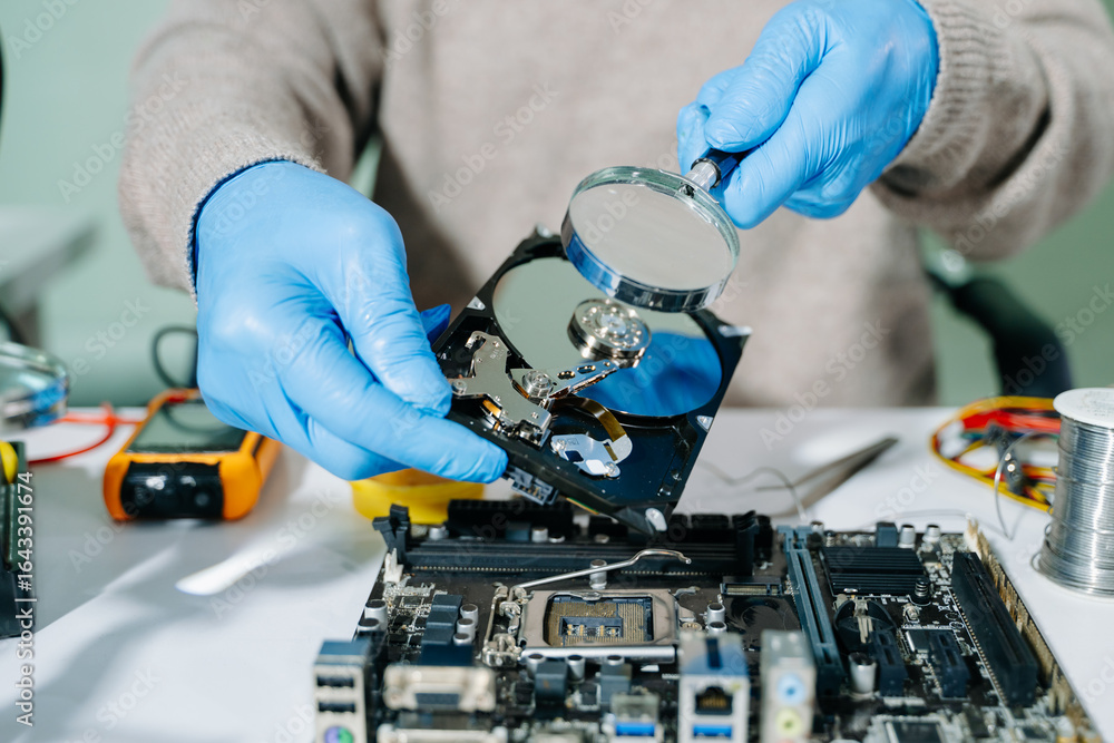 Obraz premium Technician repairing inside of hard disk drive by screwdriver. the concept of data, hardware, technician and technology. computer hardware, repairing,