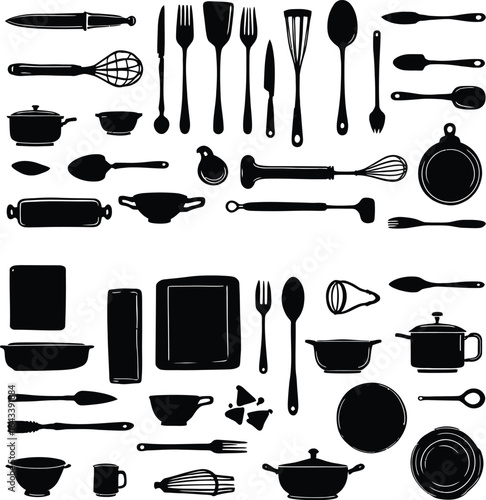 Collection of Kitchen Utensil and Cookware Silhouettes in Two Rows Featuring Spoons, Forks, Knives, Spatulas, Whisks, Pots, Pans, Teapots, Cups, Plates, and More—Essential Culinary Tools for Cooking, 