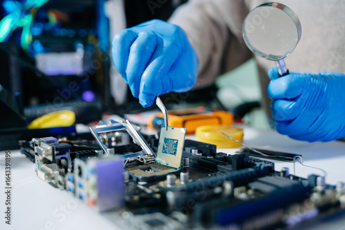 Photos The technician is putting the CPU on the socket of the computer motherboard
