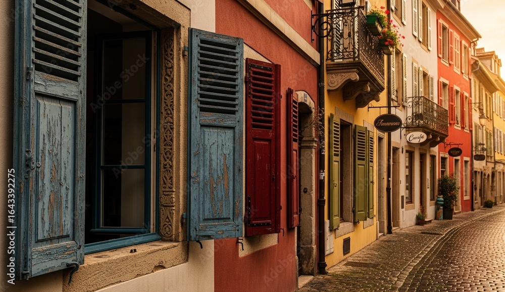 Fototapeta premium Detailed view of an old European cobblestone street with colorful historic facades, focus on aged wooden window shutters, background softly blurred.