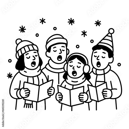 Christmas Carolers Singing in Winter Scene Line Art
