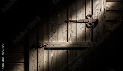 Detailed shot of rustic wooden barn door with iron hinges, soft afternoon light, blurred countryside fields in the background.