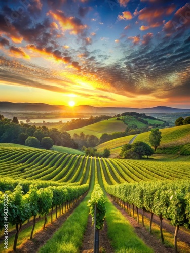 Wallpaper Mural A warm sunrise illuminates a serene landscape of rolling vineyards with lush greenery and vines stretching towards the sky Torontodigital.ca