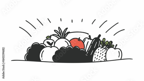 Hand drawn illustration of a pile of fresh fruits and vegetables with light rays above them