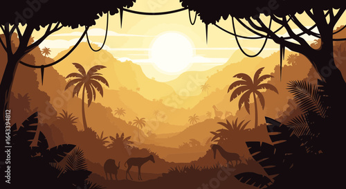 Captivating monochrome jungle scene featuring silhouetted wildlife and palms