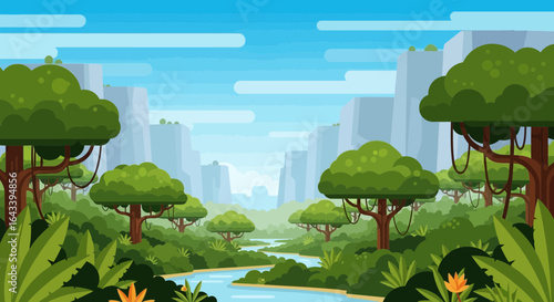Cartoon jungle landscape with river, lush vegetation and mountain range