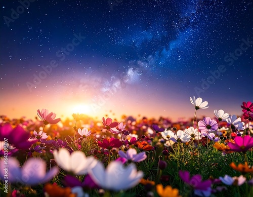 Colorful cosmos flowers field at sunrise under starry night sky.