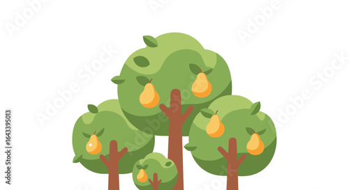 Illustrated pear orchard with stylized trees, showcasing fruit cultivation