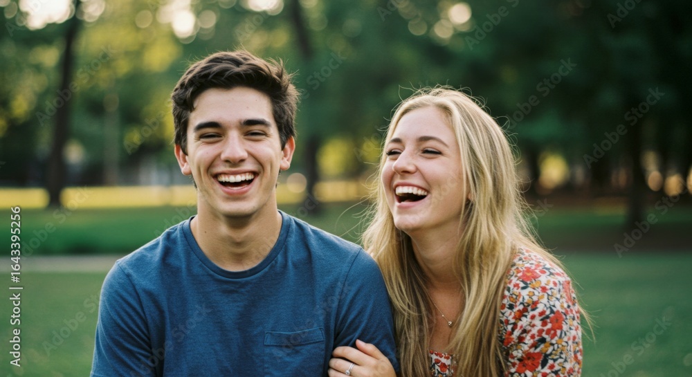 Fototapeta premium Young man and woman laughing in park on sunny day