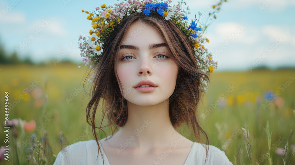 Naklejka premium Freckled teenager wearing vibrant flower crown standing amid wildflowers underneath bright summer sunlight