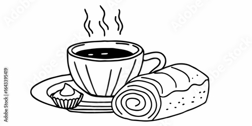 A steaming cup of coffee with a pastry and a small cupcake on a plate in black and white line art