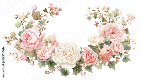 Floral arrangement of roses, carnations, and leaves on white background