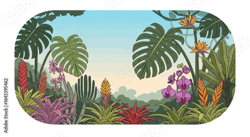 Lush tropical garden featuring bromeliads, orchids, and monstera leaves