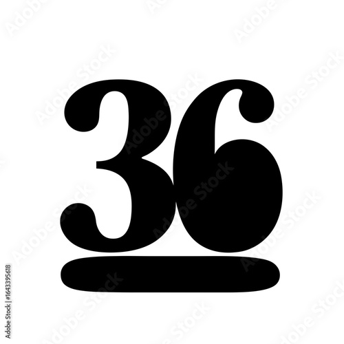 Stylish stylized black number thirty six on a clean white background