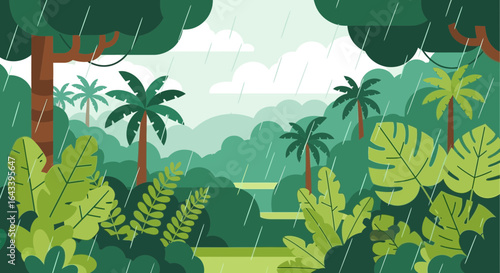 Rainy Season in the Tropical Rainforest with Dense Vegetation Illustration