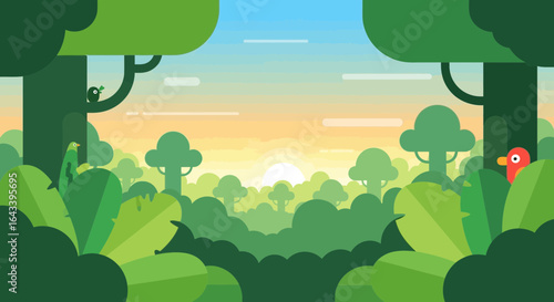 Serene forest scape with flat design trees, leaves, and cartoon birds