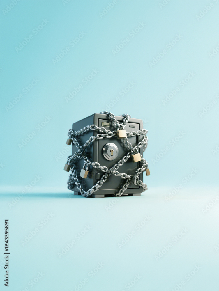 Fototapeta premium 금고, 소형 금고, 철재 금고, 가정용 금고, 컨셉, 이중장치, 절대적, 열지 못하다, 도난방지, 속담, 노심초사, 튼튼하다, 안심하다, 쇠사슬, 묶다